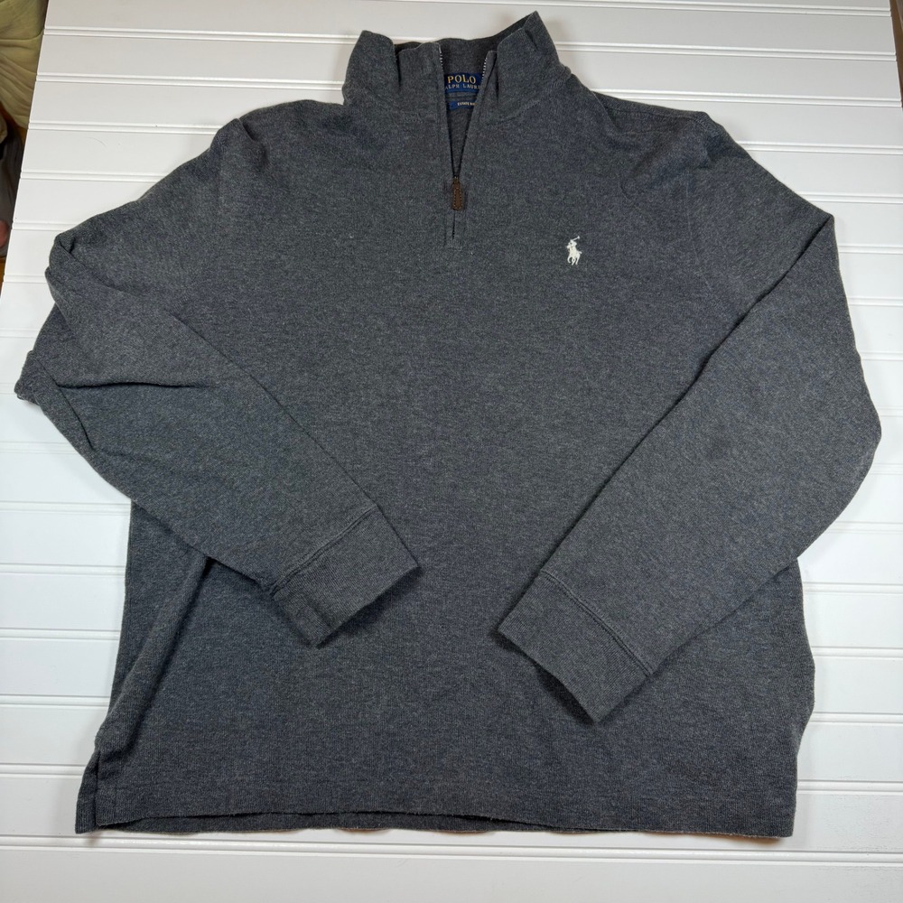 Polo Ralph Lauren Estate Rib Mens M Gray Quarter Zip Cotton Pullover Sweater GUC